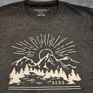 Aeropostale Men's XL Embroidered Mountain Forest Sun Graphic T-Shirt Gray